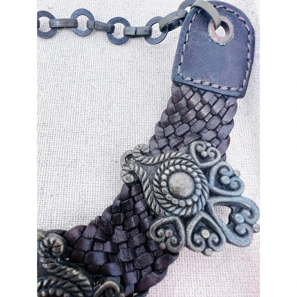 Braided Leather Boho Antique Brass Filigree Medallion Adjustable Chain Belt